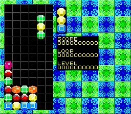 Gemitas is a Columns' clone for the Sega Master System featuring bigger graphics for the gem blocks and an endless game mode